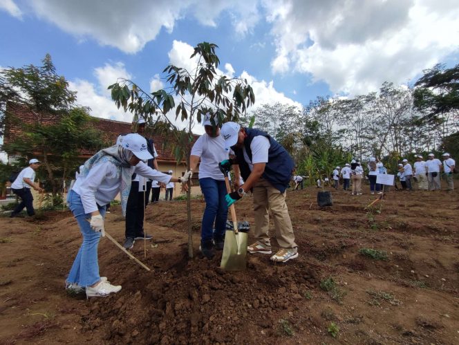 
 Perum Jasa Tirta (PJT) I berkolaborasi dengan PT Indra Karya melaksanakan penanaman bibit pohon pada Hari Menanam Pohon Indonesia 2023 di Desa Sumberpetung. (bacamalang/Dhimas) 