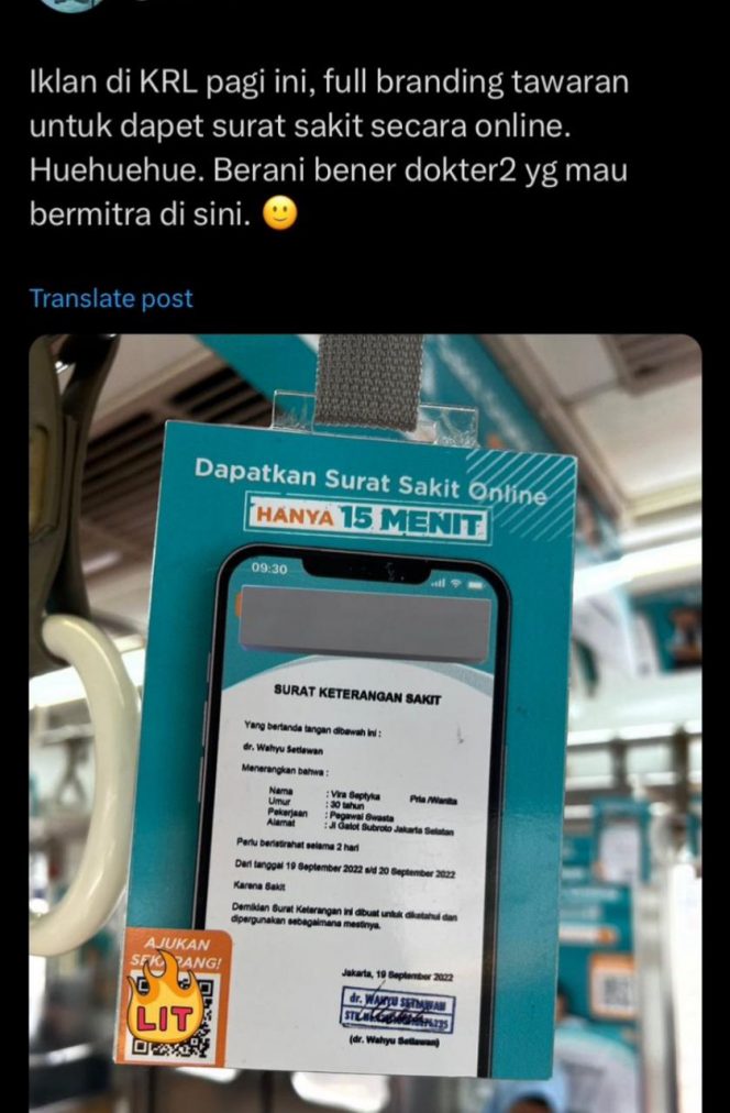 
 Informasi pengurusan jasa surat sakit yang viral. (ist)