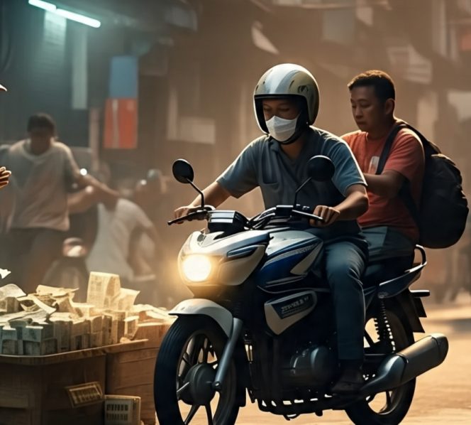 
 Dua pelaku naik sepeda motor usai mencuri uang milik penjual Cilok di Gondanglegi. (ilustrasi)