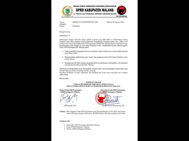 
 Surat Himbauan yang diterbitkan oleh Fraksi PDI Perjuangan Kabupaten Malang. (ist)