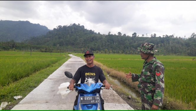 
 Salah satu petani Lebakharjo, Yateni membawa pupuk melewati jalan usaha tani yang baru dibangun Satgas TMMD 126. (ist)