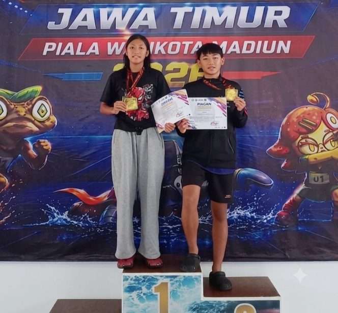 
 Kalica dan Vino sukses mempersembahkan medali mengharumkan MPI Kota Malang di Kejurprov Modern Pentathlon Jatim 2026 Piala Wali Kota Madiun. (Dok MPI)