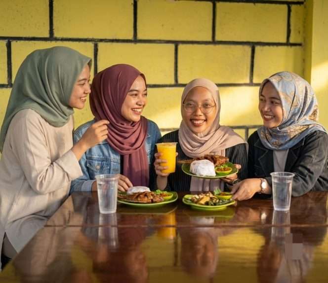 
 Salah satu segmen pengunjung kelompok gadis muda, tertawa ceria, ngobrol berbagi cerita, mengisi waktu dengan berkumpul sembari makan bersama di kedai ini. (Hadi Triswanto)