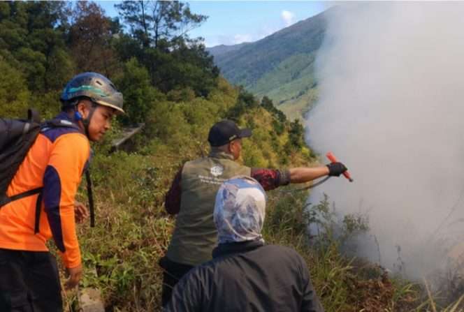 
 Personel gabungan melakukan pemadaman api kebakaran hutan di kawasan Taman Nasional Bromo Tengger Semeru yang meluas mendekati wilayah Kabupaten Malang setelah melewati tugu perbatasan Kabupaten Malang-Lumajang. (IG BPBD)