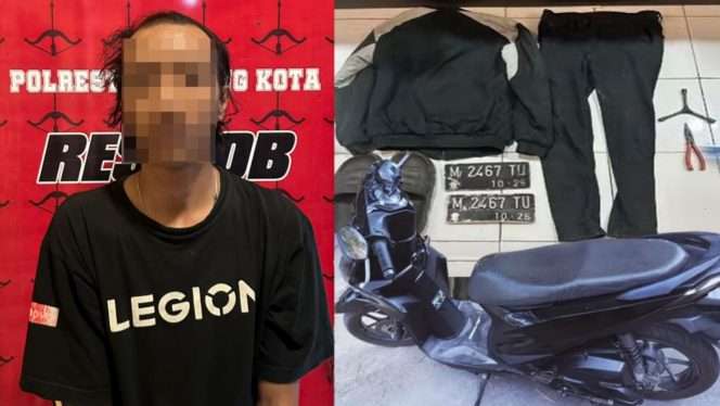 
 Pelaku pencurian sepeda motor (curanmor) yang berhasil diamankan Tim Resmob Polresta Malang Kota beserta barang bukti berupa sepeda motor. (ist)