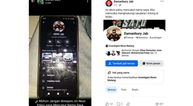 
 Modus penipuan melalui media sosial yang mencatut nama Ketua DPC GRIB JAYA Kabupaten Malang, Damanhury Jab. (ist)