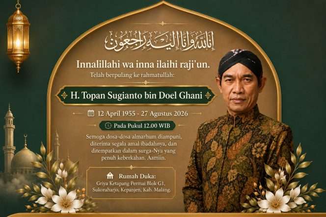 
 Infografis Pelawak H. Topan Sugianto yang akrab disapa Abah Topan berpulang di Malang, Jawa Timur, Kamis (27/08/2026) sekitar pukul 12.00 WIB pada usia pada 70 tahun. (ist)