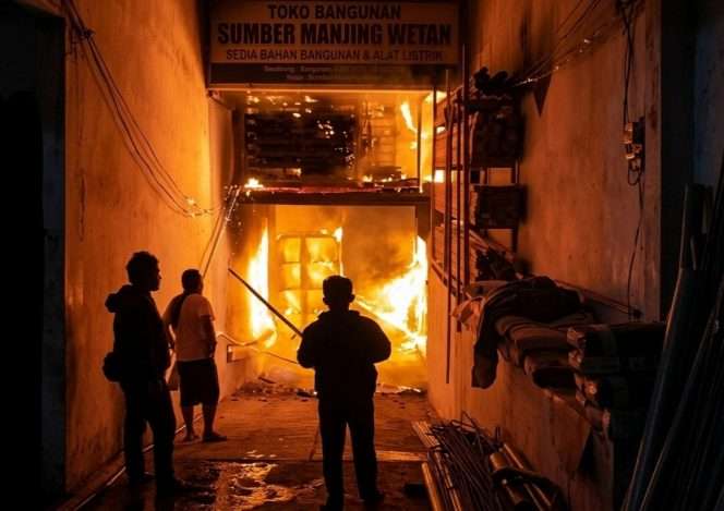 
 Proses pemadaman api di toko bangunan terbakar di Sumbermanjing Wetan. (ist)