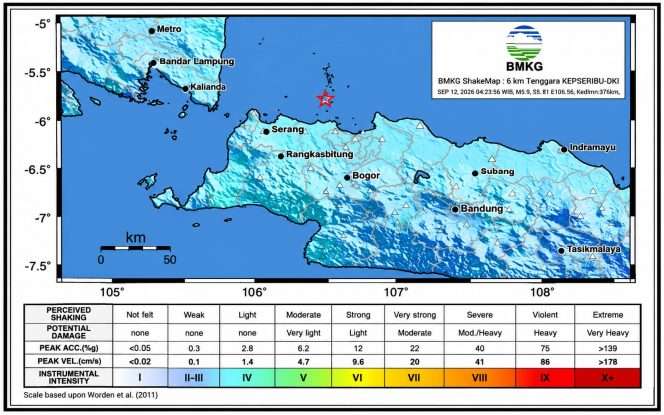 
 Infografis gempa bumi tektonik di Pantai Timur Administrasi Kepulauan Seribu, DKI Jakarta, Sabtu (12/9/2026) pukul 04.23.55 WIB, magnitudo M 6,5, kedalaman 368 km, episenternya di laut,, 69 km arah Timur Laut Kepulauan Seribu, DKI Jakarta, koordinat 5,24° LS dan 106,78° BT. (BMKG)