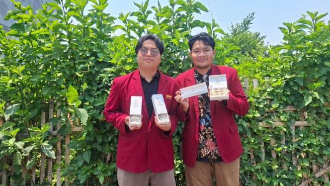 
 Mahasiswa UMM menunjukkan produk inovasi berbahan rambut jagung yang diolah menjadi teh artisan untuk membantu meredakan stres. (ist)