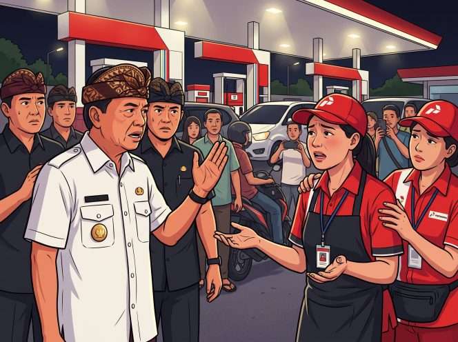 
 Ilustrasi perdebatan Gubernur Bali Wayan Koster dan petugas di SPBU Jalan Diponegoro, Denpasar, Bali, Rabu malam, 14 Oktober 2026. (ist)
