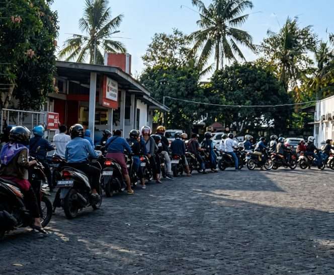 
 Suasana antrean BBM di SPBU Sukoharjo Kepanjen Kabupaten Malang. (Fitri for BacaMalang)